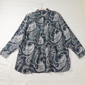 Talbots Plus 2X Cotton Paisley Button Down Long Sleeve Shirt Collar Relaxed Fit